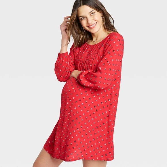 The Nines by HATCH Dresses & Skirts - The Nines by HATCH Red Floral Print Crepe Balloon Sleeve Shift Maternity Dress